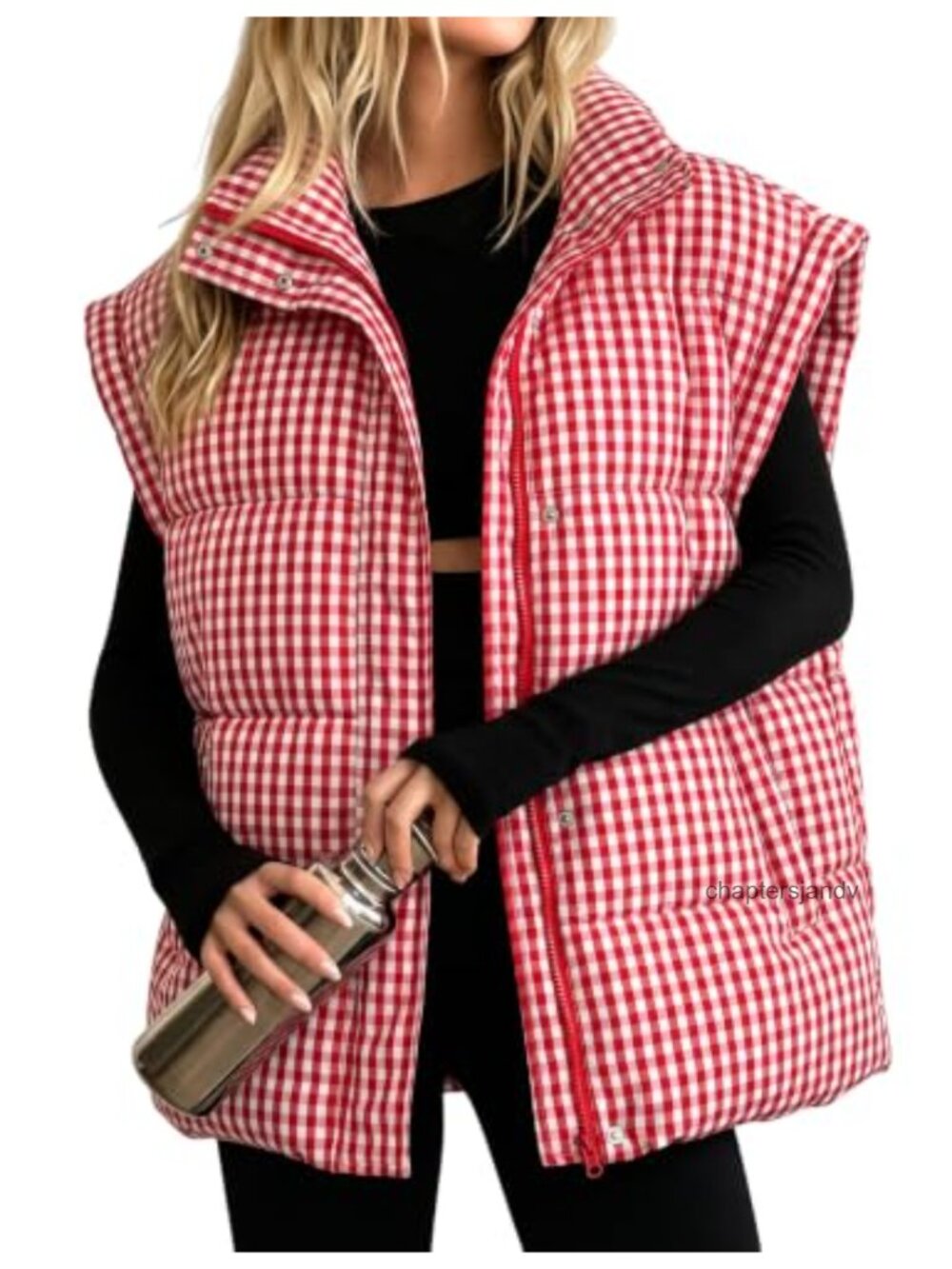 Oversized Quilted Puffer Vest Gingham Sleeveless Zip Jacket